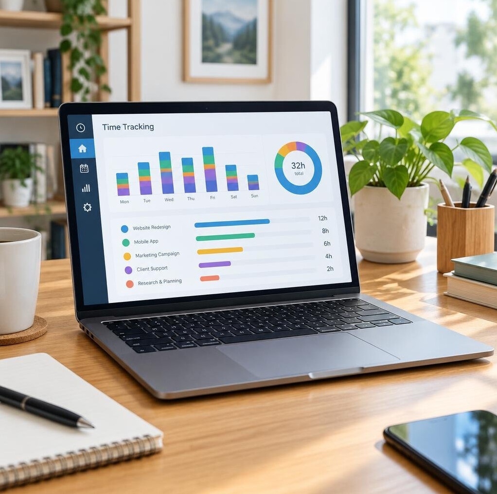 Laptop on a desk showing a software analytics interface with charts