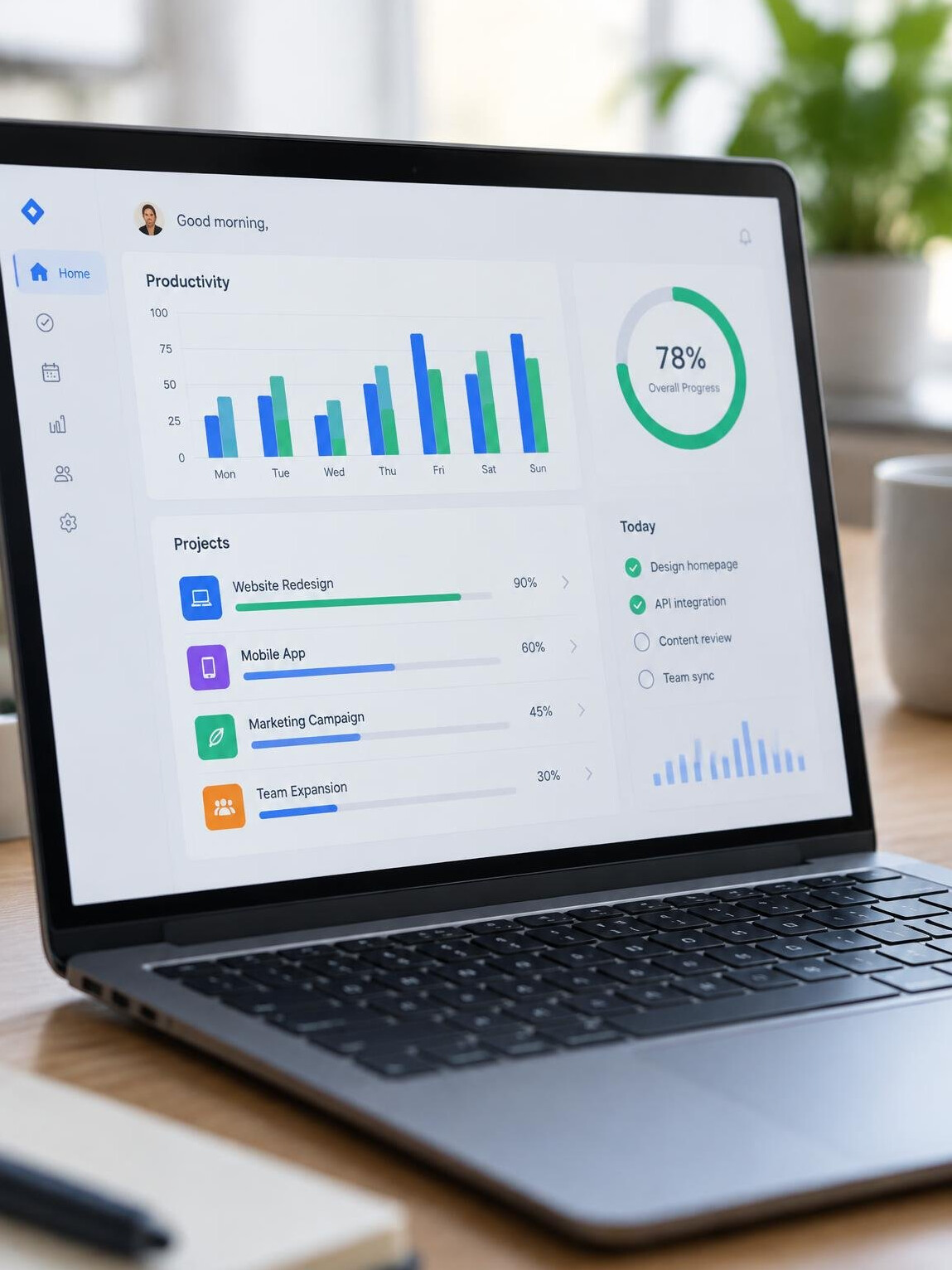 Productivity analytics dashboard app interface on a laptop screen