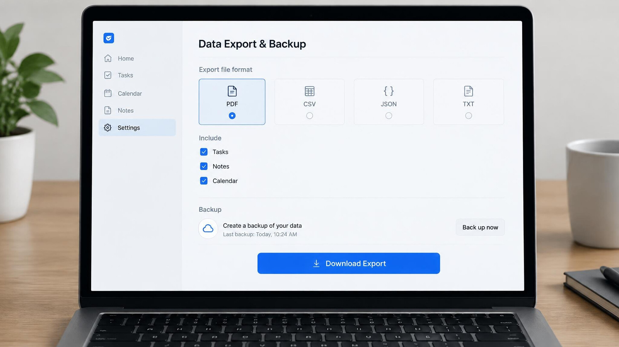Data export settings screen in a software application