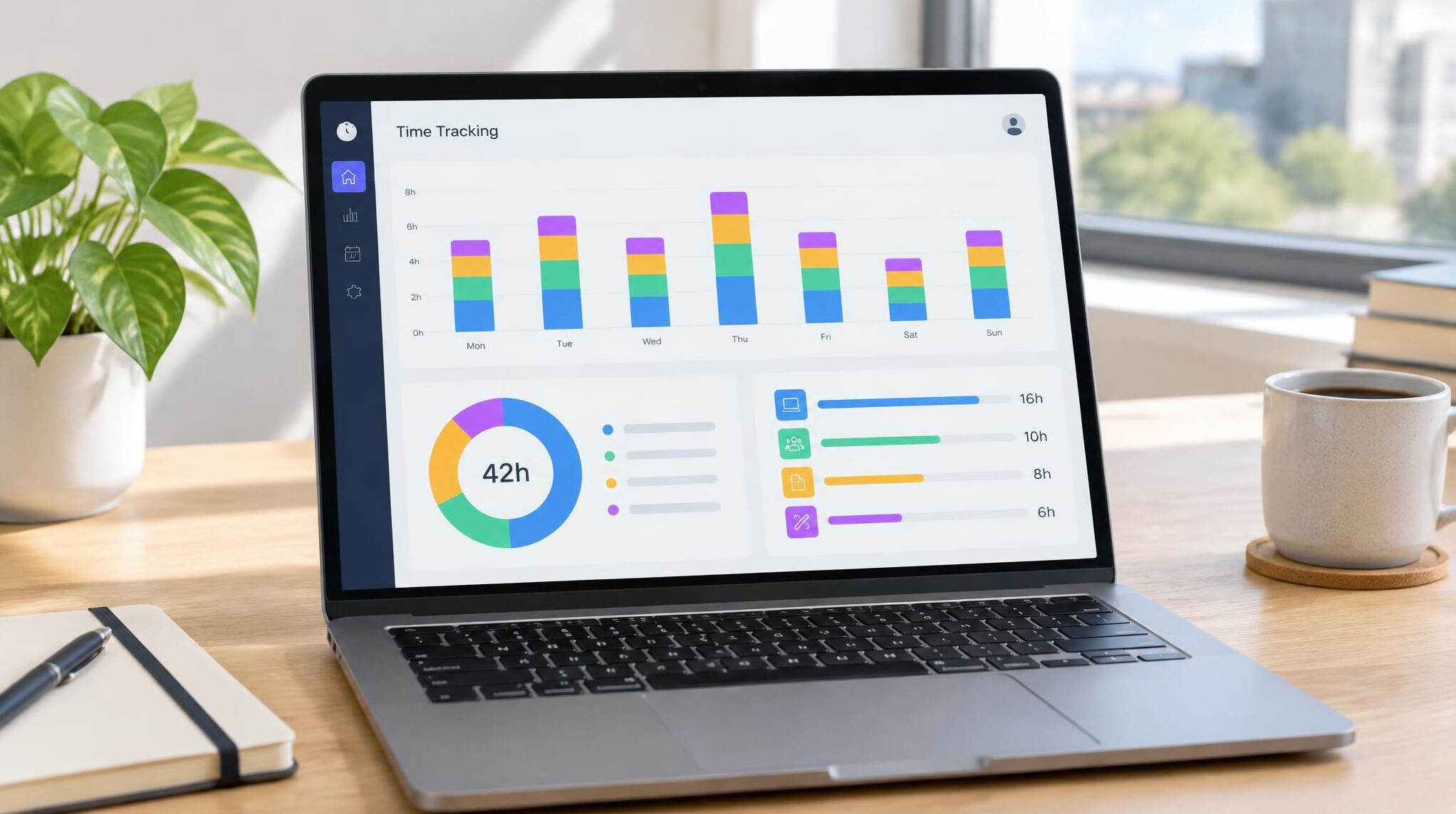 Time tracking app report interface with charts on laptop