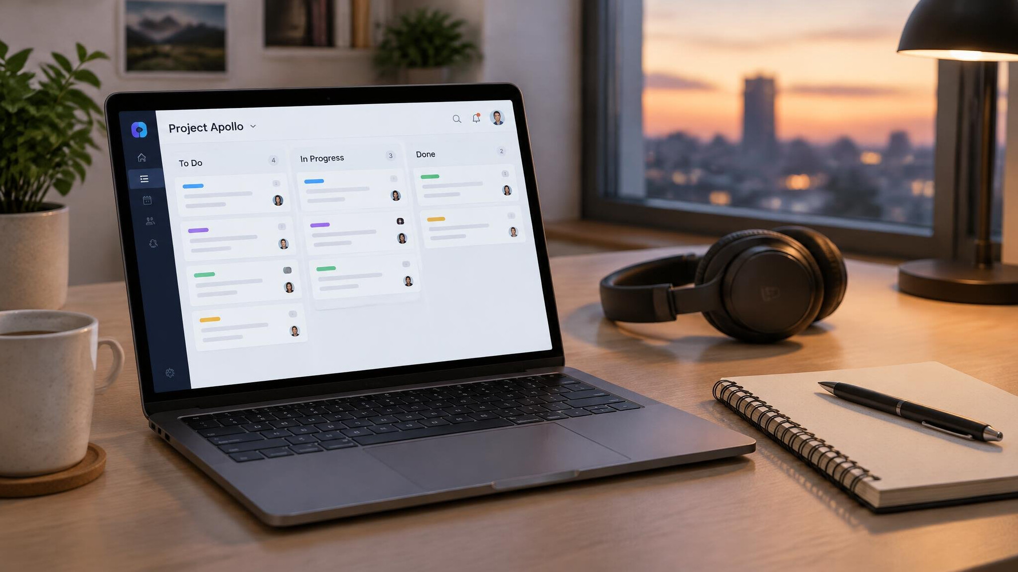 Laptop with app interface on a desk with notebook